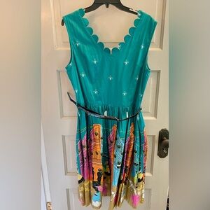 Lindy Bop Turquoise New Orleans Jazz Motif Dress w/belt. Size 12